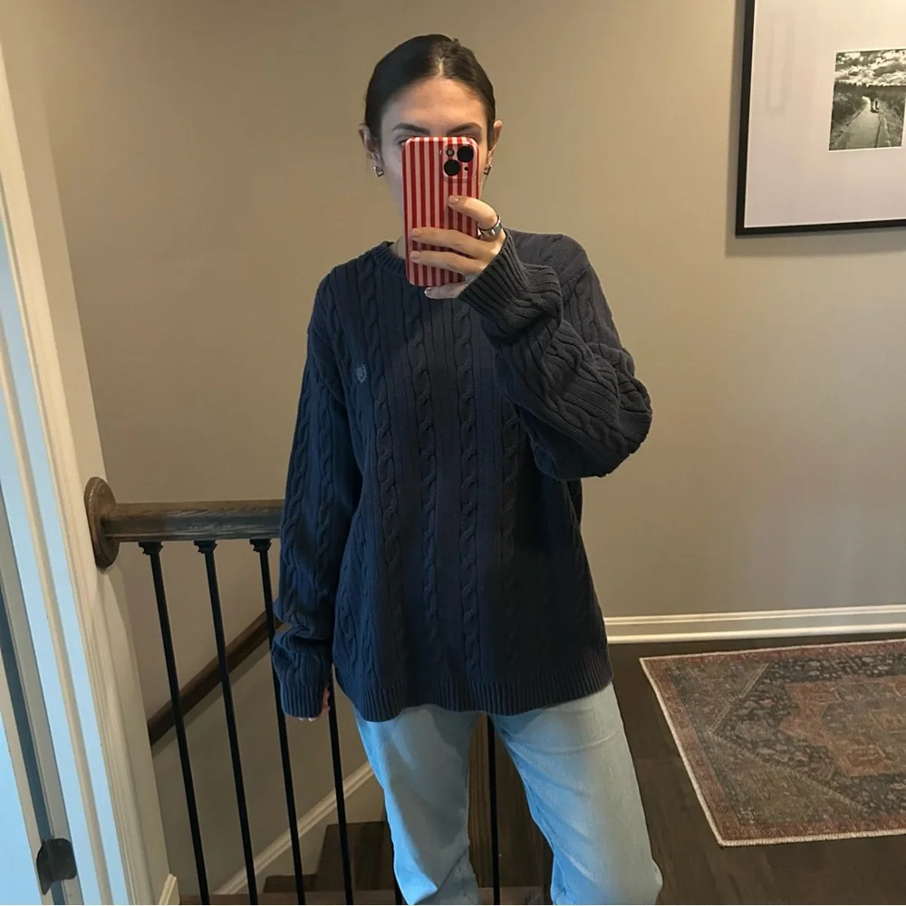 Vintage Preppy Navy Cable Knit Boyfriend Sweater Cotton L - Picture 7 of 7